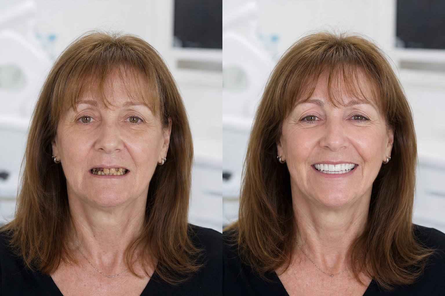 Before and after: a Dentures Plus patient with damaged teeth, then with a fully restored implant smile